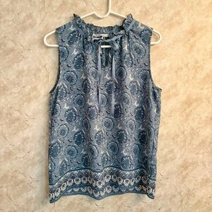 Sleeveless Blue Floral Tie-Neck Top - Wrinkle-free - Violet & Claire - Medium